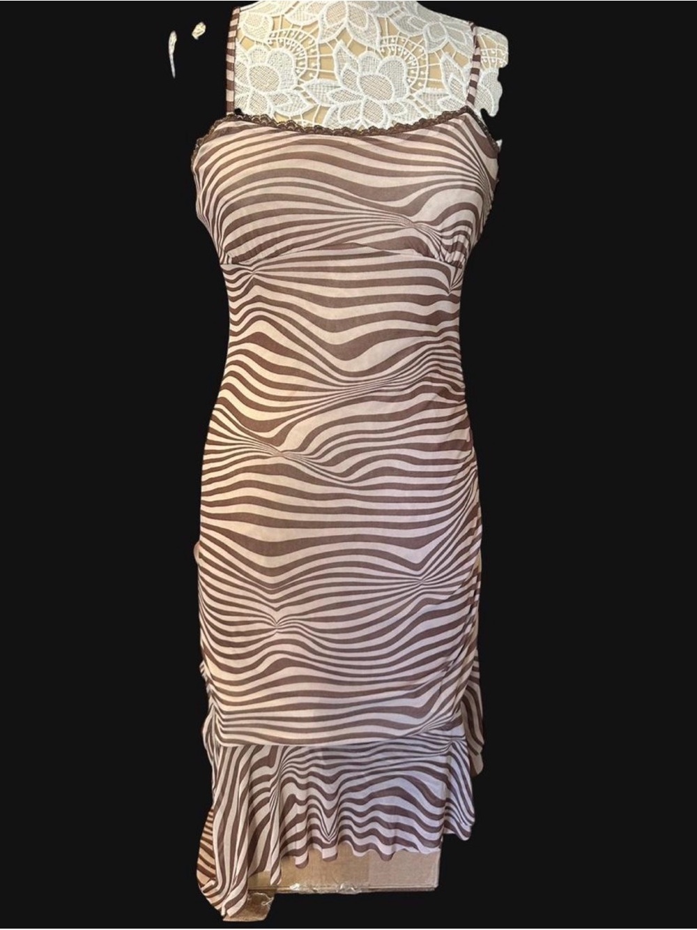 wild fable Brown and Cream Zebra-Stripe Slip Midi Dress with Ruffle Hem